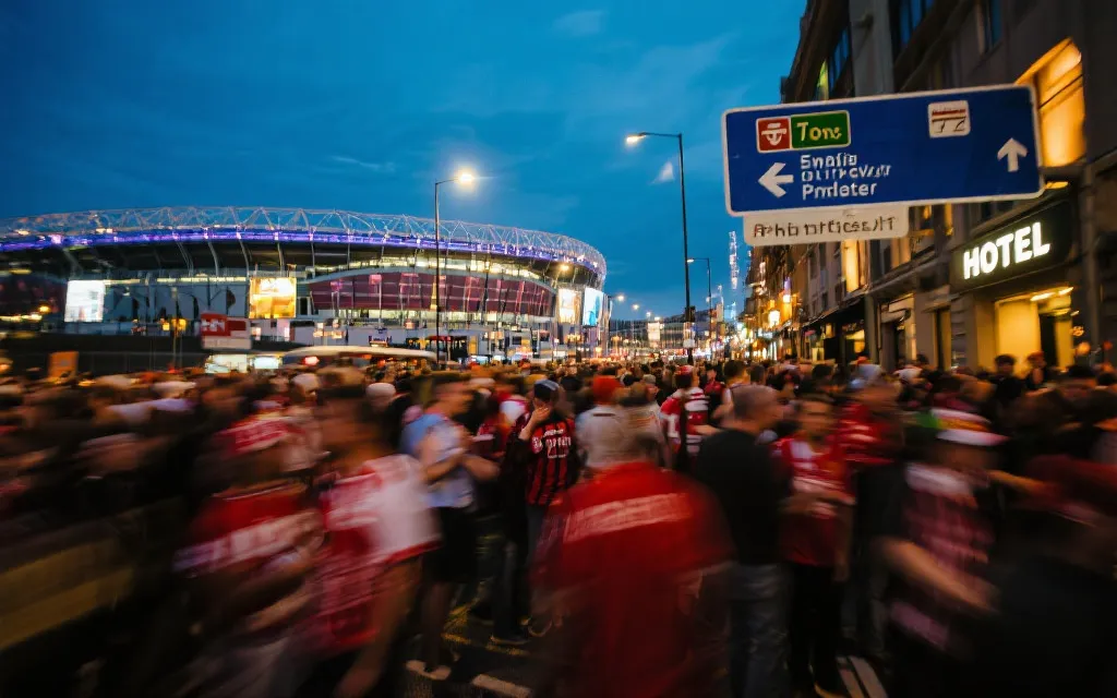 球迷潮汐般涌入城市街区，酒店与交通灯牌交错，象征消费与资本流动