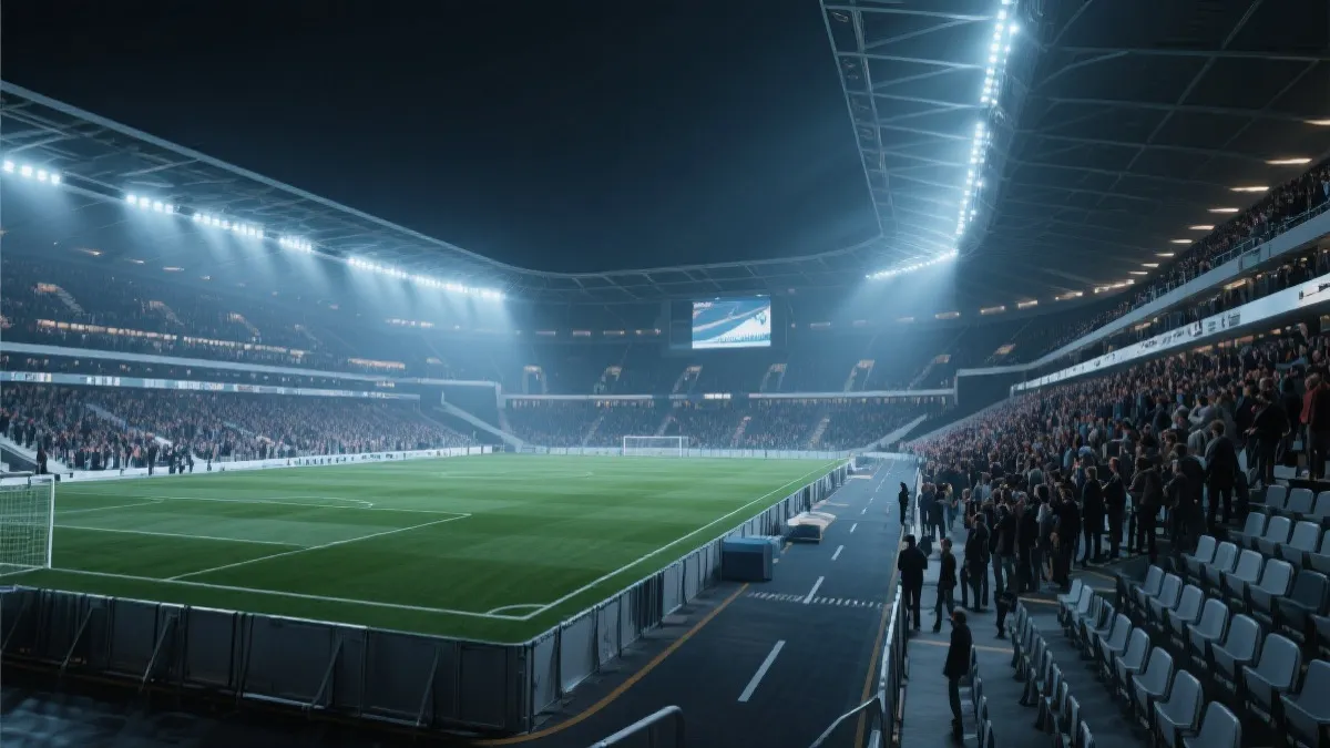 世界杯比赛日球场临时看台与观众动线示意的概念图