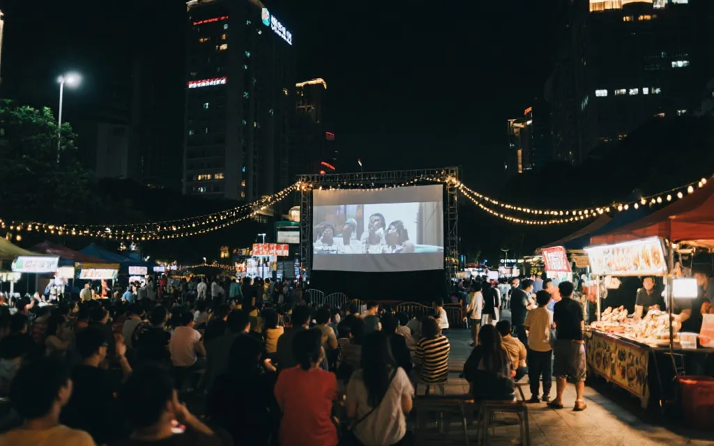 城市夜间观赛广场与在地美食集市的热闹氛围场景
