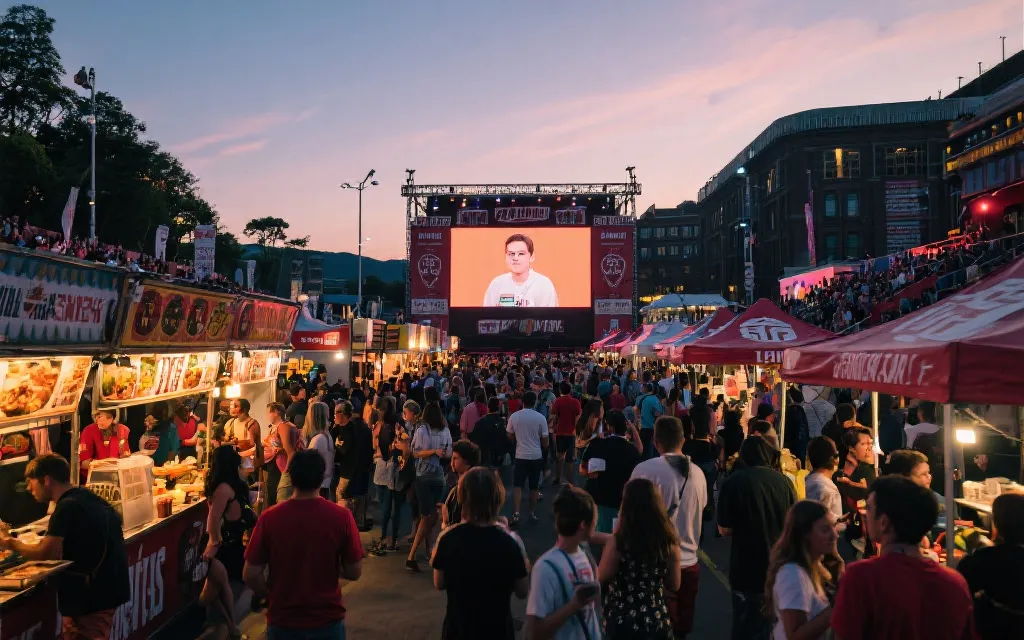 城市球迷广场与大屏幕，周边摊位与人群，体现体育旅游与夜经济